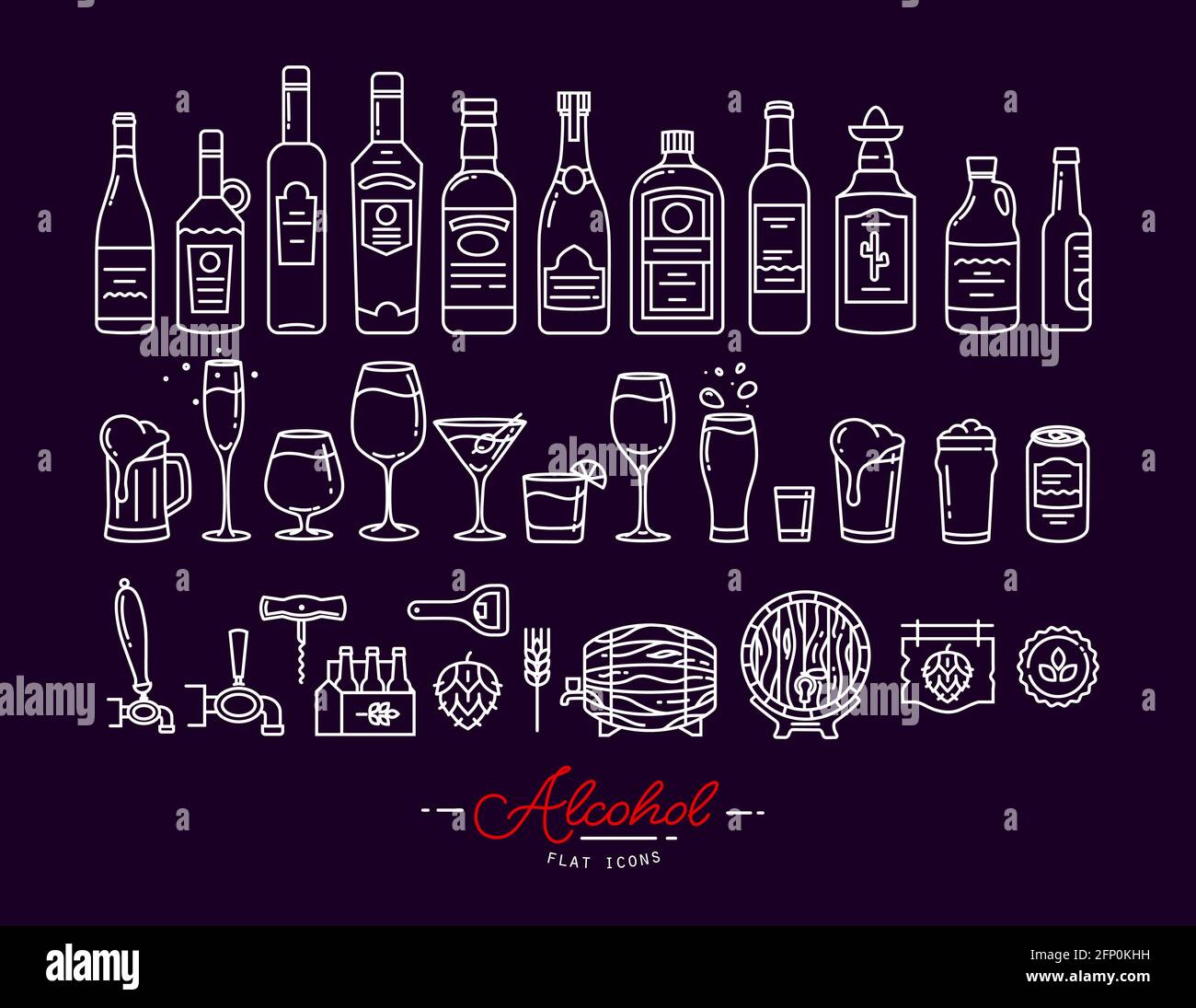 Set di icone di alcool in un disegno piatto con bianco linee su sfondo viola Illustrazione Vettoriale