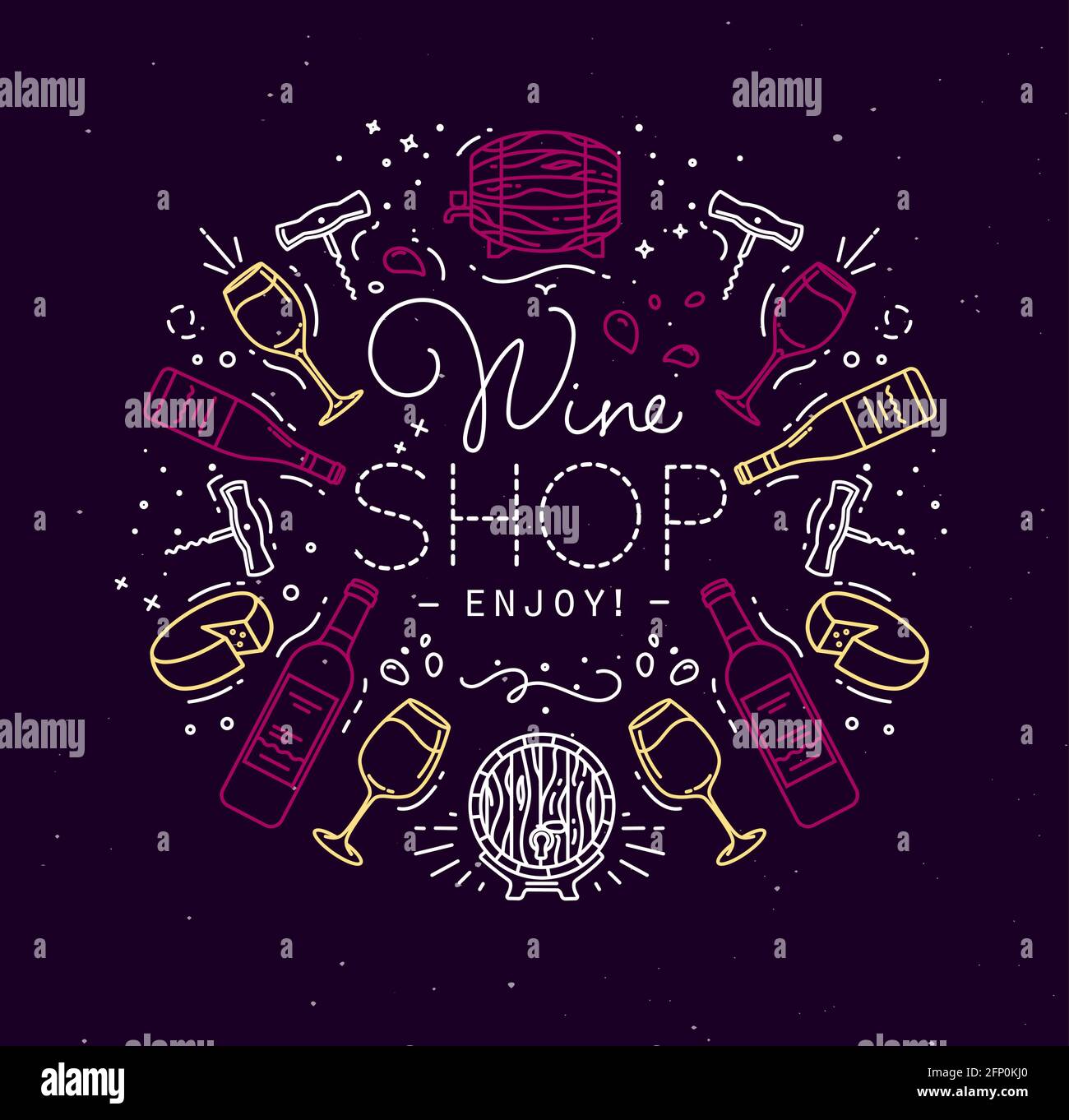 Monogramma alcolico in stile piatto hwine shop goda disegno con linee di colore su sfondo scuro Illustrazione Vettoriale