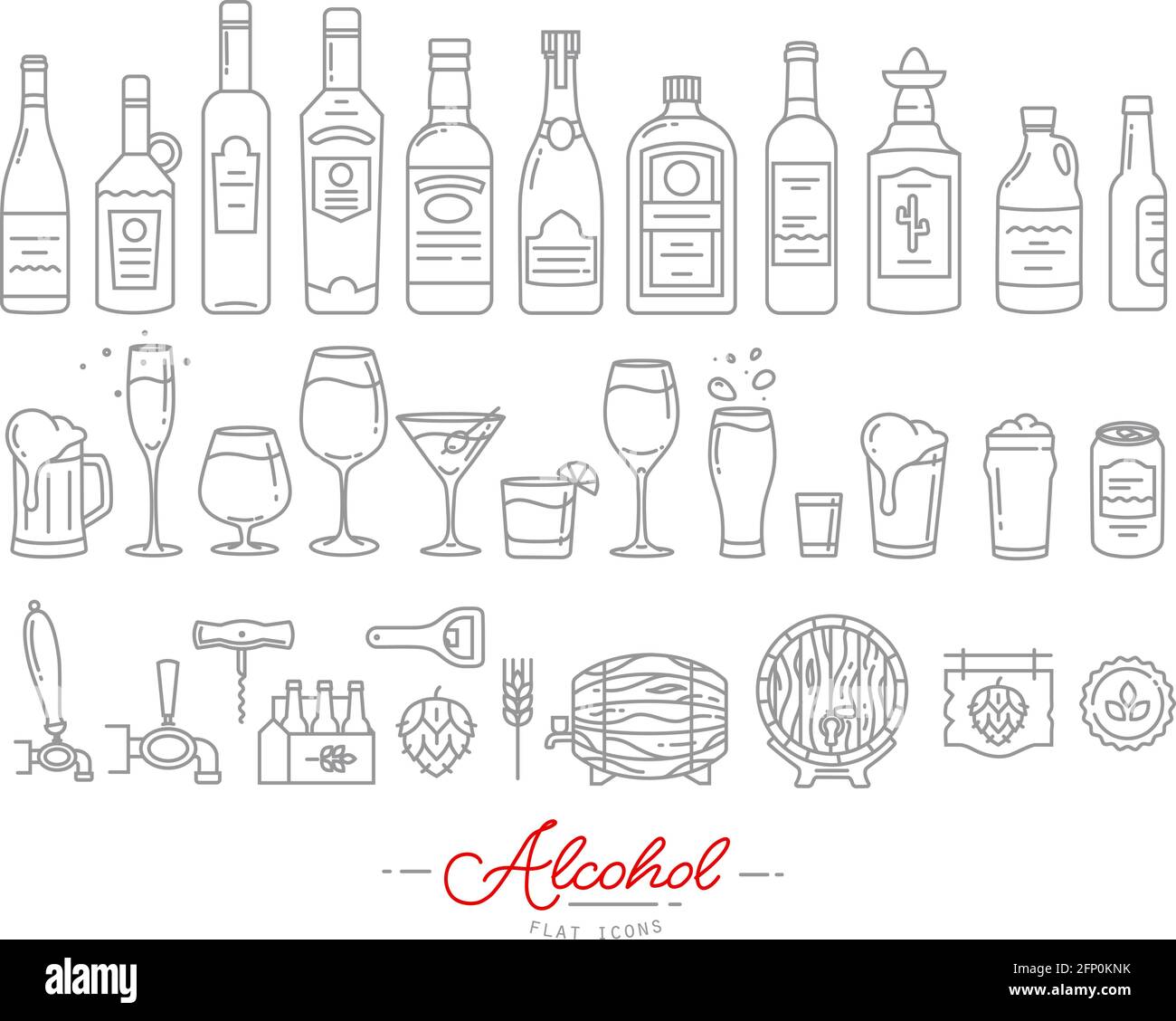 Set di icone di alcool in un disegno di stile piatto con grigio linee su sfondo bianco Illustrazione Vettoriale