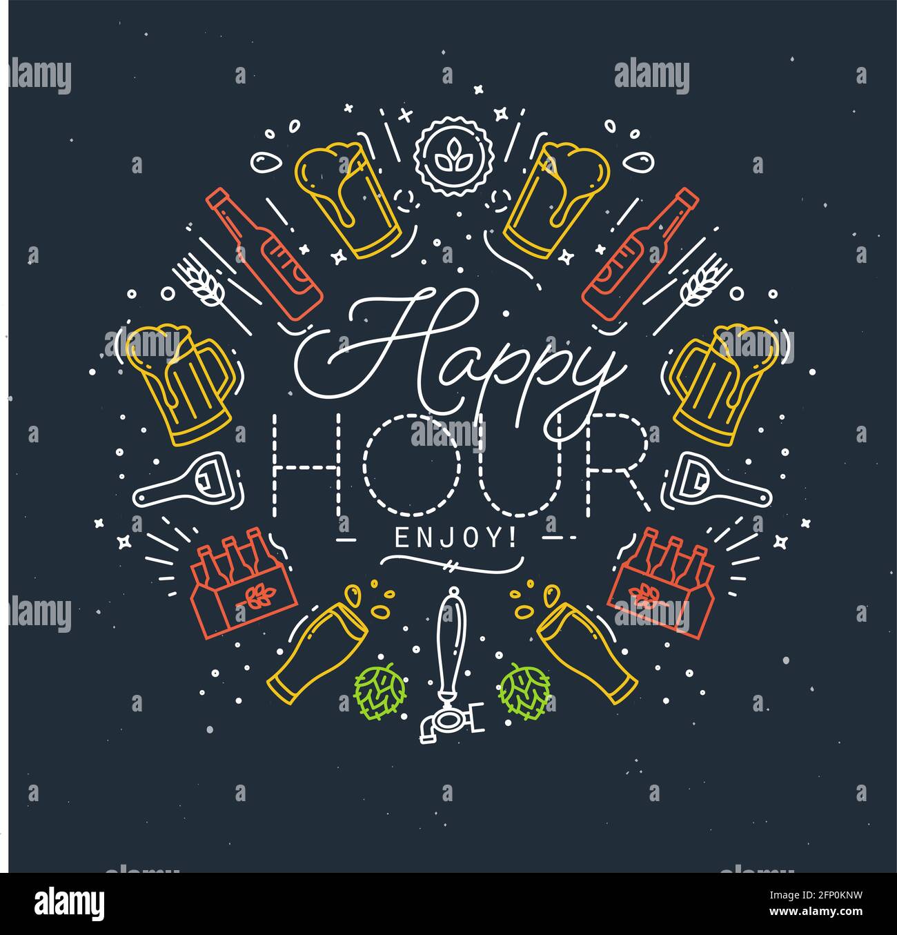 Monogramma alcolico in stile piatto scritta happy hour godere di disegno con linee di colore su sfondo scuro Illustrazione Vettoriale