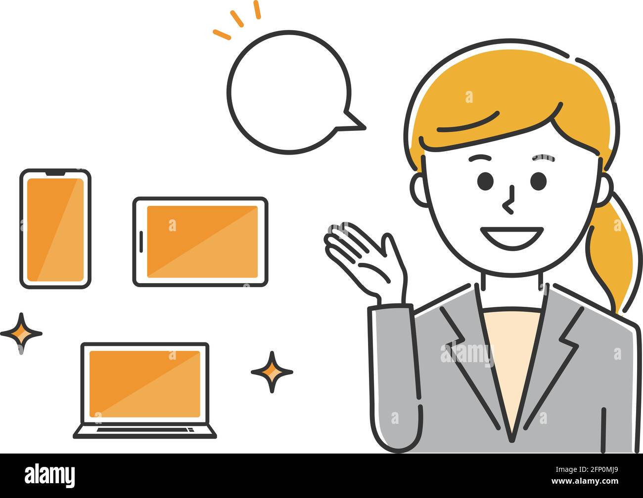 Buon lavoratore che mostra i dispositivi palmari. Illustrazione vettoriale isolata su sfondo bianco. Illustrazione Vettoriale