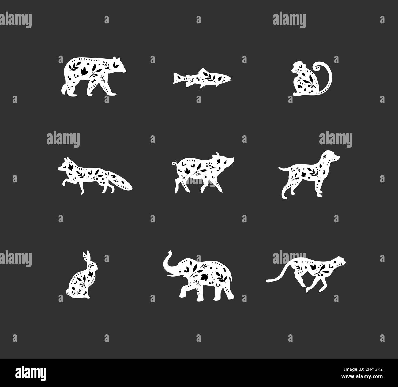 Set di animali silhouette floreali grafiche orso, pesce, scimmia, volpe, maiale, cane, coniglio, elefante, ghepardo disegnando su sfondo scuro Illustrazione Vettoriale