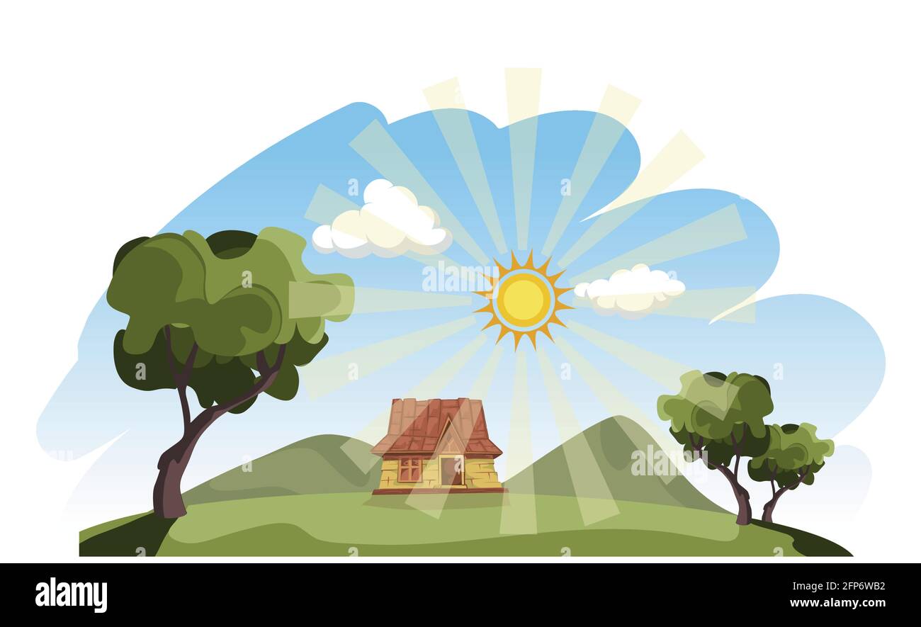 Bella illustrazione vettoriale che mostra il paesaggio soleggiato villaggio in estate. Illustrazione Vettoriale