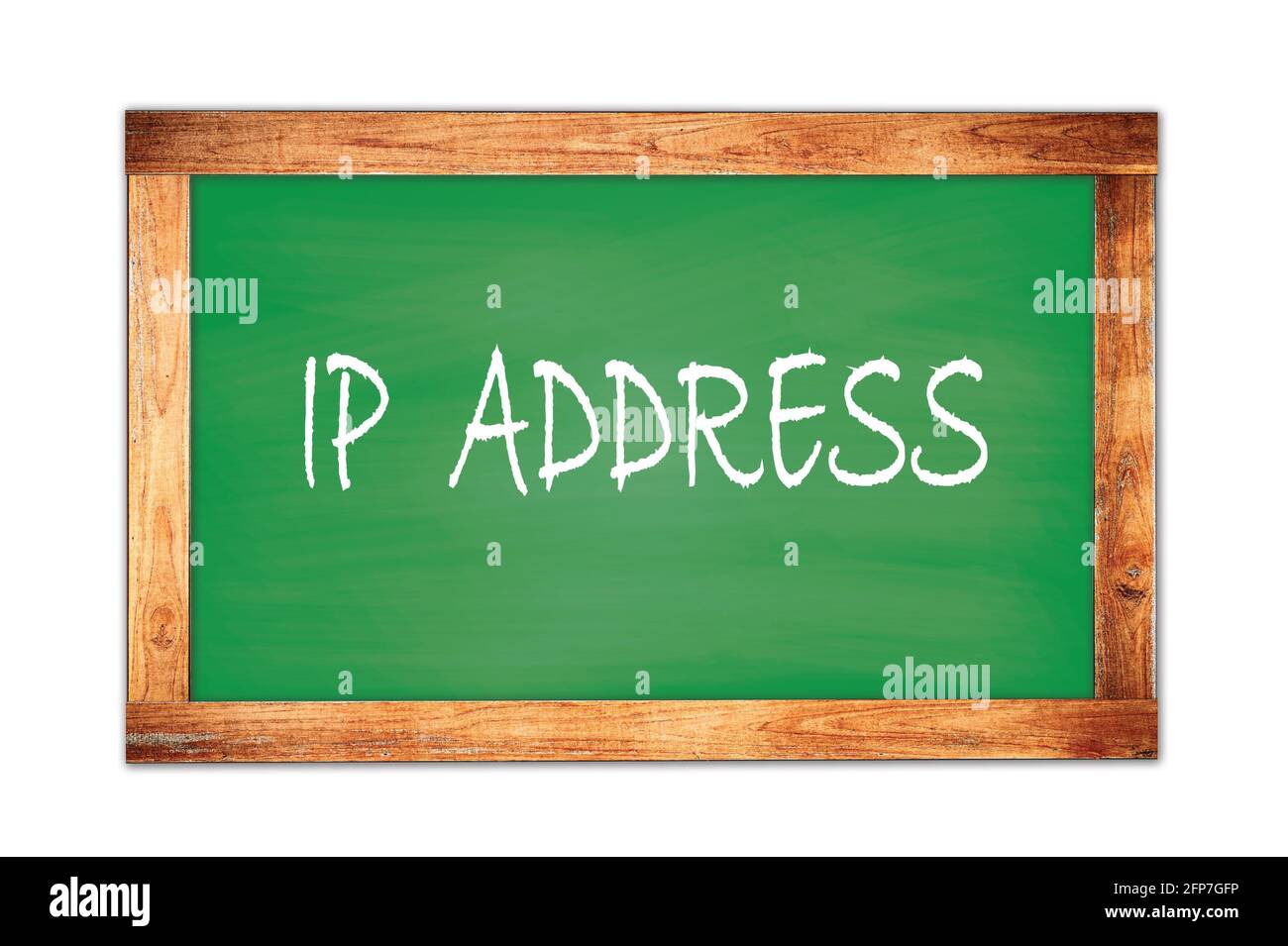 Testo DELL'INDIRIZZO IP scritto su lavagna di legno verde. Foto Stock