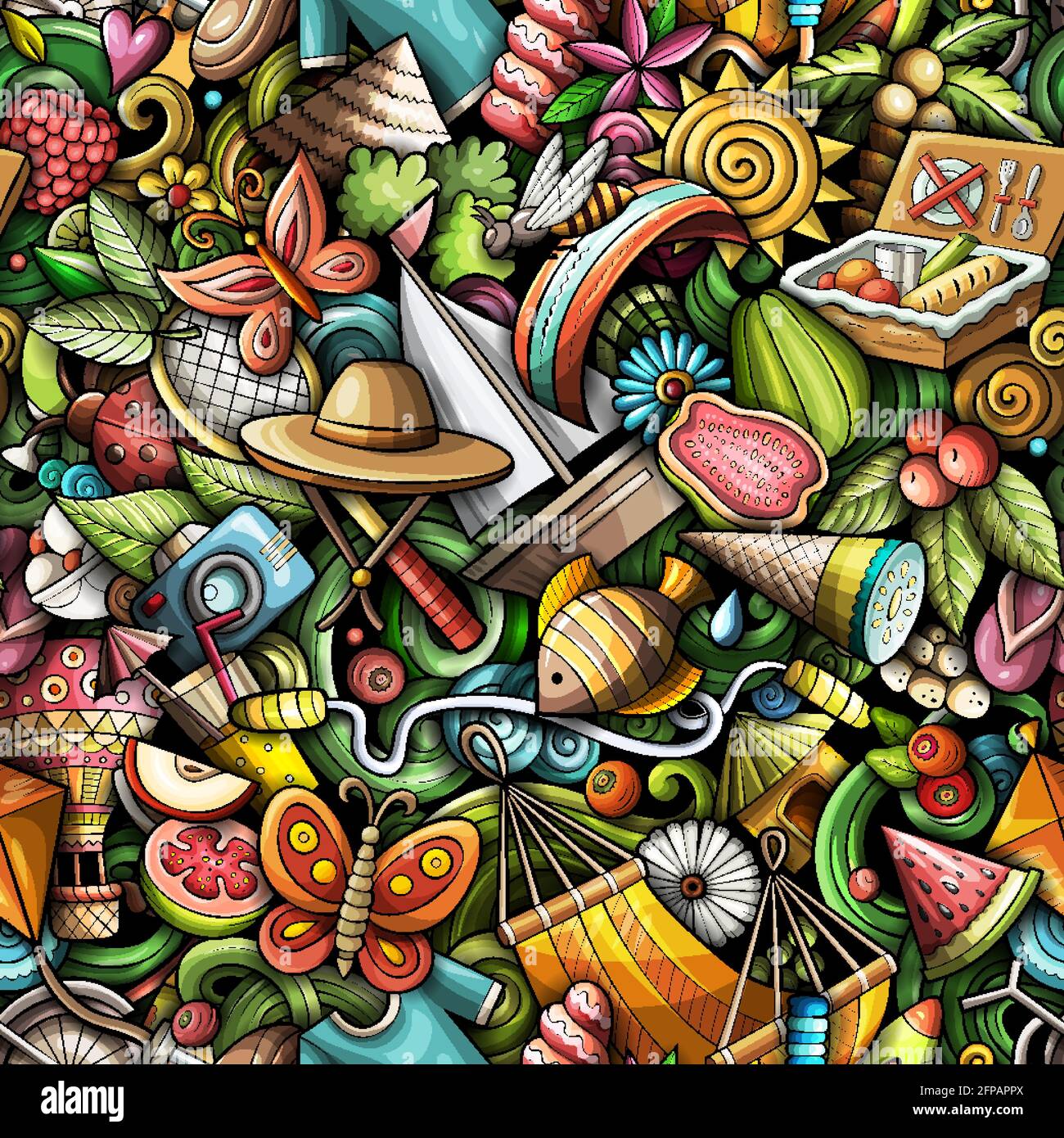Cartoon doodles Summer motivo senza giunture. Illustrazione Vettoriale