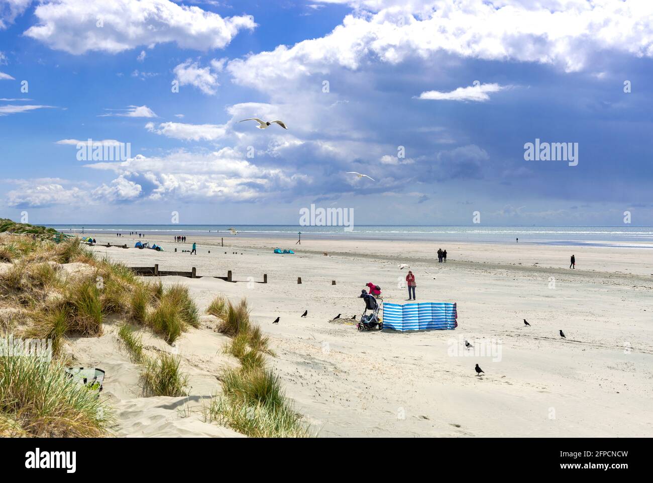 La vasta spiaggia di sabbia bianca di West Wittering, con la bandiera blu e la bassa marea, vicino a Chichester, West Sussex, Inghilterra Foto Stock