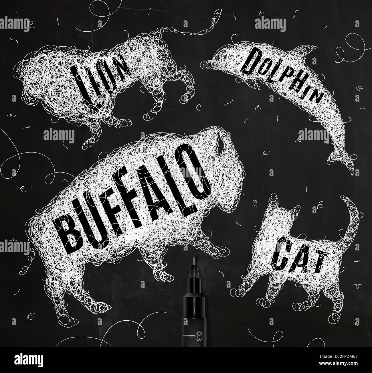 Penna disegno a mano groviglio animali selvatici bufalo, gatto, delfino, leone, con iscrizione nomi di animali disegno con inchiostro bianco su sfondo nero Illustrazione Vettoriale