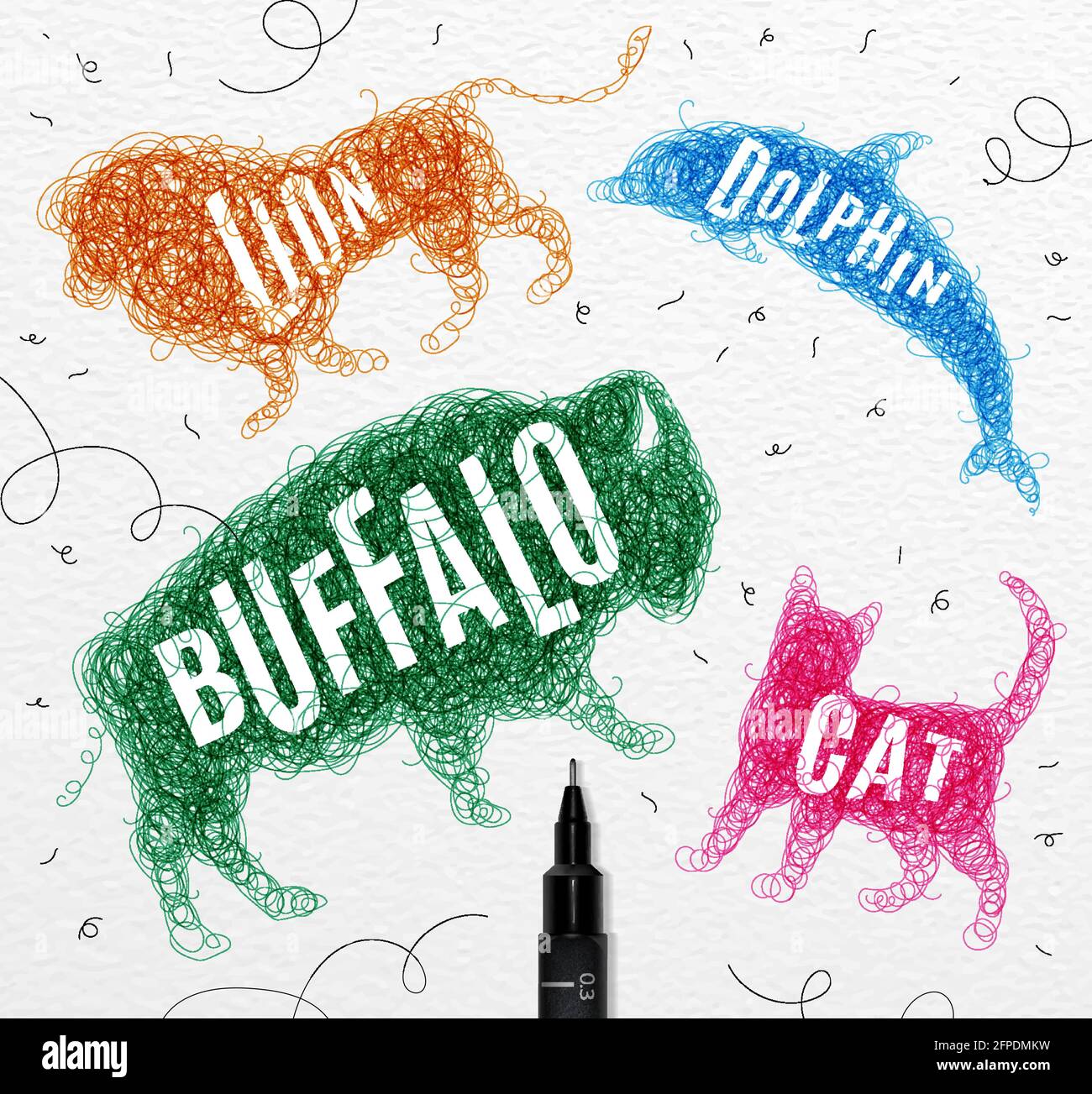 Penna disegno a mano groviglio animali selvatici bufalo, gatto, delfino, leone, con iscrizione nomi di animali disegno con inchiostro a colori su sfondo di carta Illustrazione Vettoriale