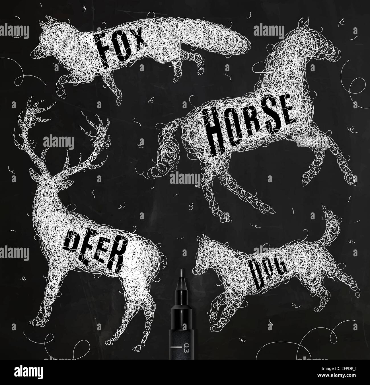 Penna disegno a mano groviglio animali selvatici cervo, cavallo, volpe, cane con iscrizione nomi di animali disegno con inchiostro bianco su sfondo nero Illustrazione Vettoriale
