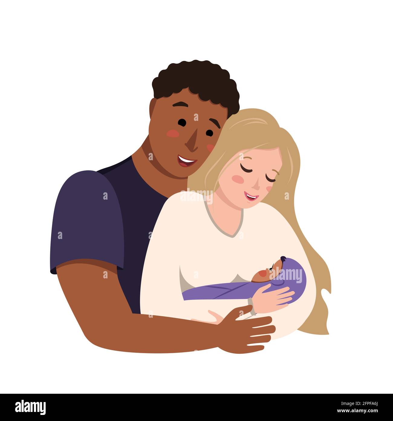 Famiglia internazionale interrazziale. Il marito abbraccia sua moglie con il bambino fra le braccia. La mamma multietnica e il papà sono felici e sorridenti. La famiglia Illustrazione Vettoriale