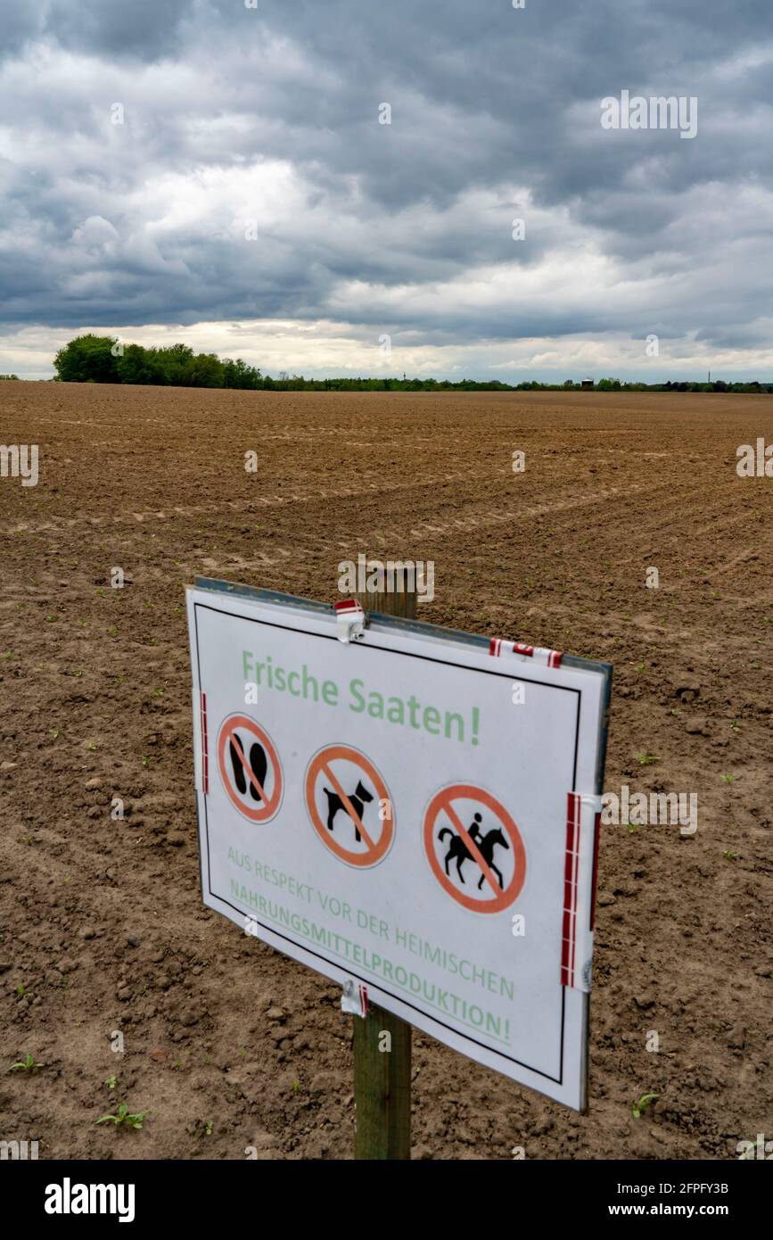 Firma su un campo dove sono appena state seminate colture fresche, con la richiesta di non entrare nel campo a causa della semina, Mülheim an der Ruhr, NRW, tedesco Foto Stock