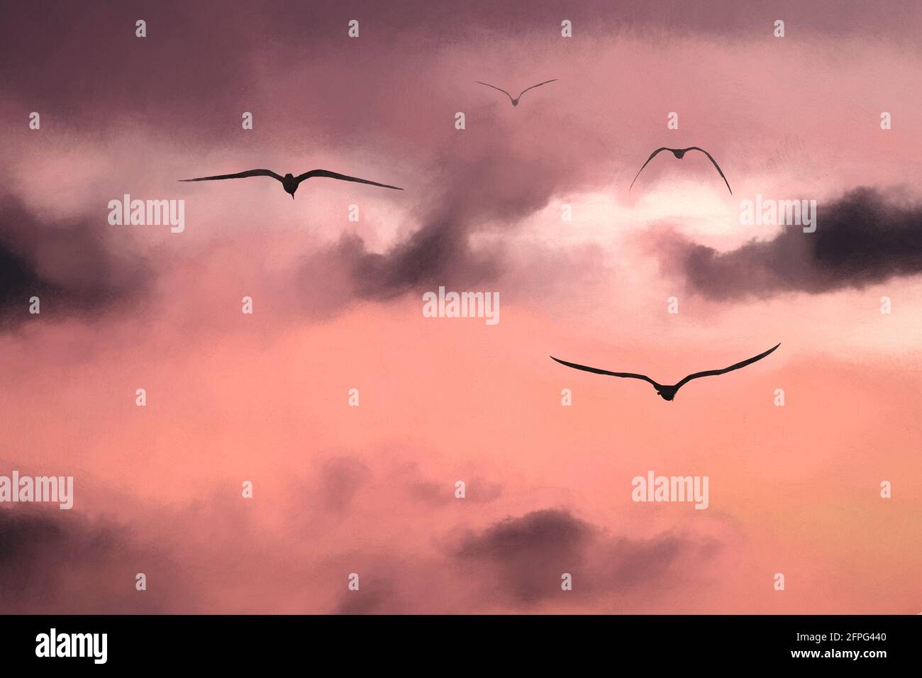 Un gregge di uccelli stanno volando nella nuvola vibrante Pieno Sunset Sky in un formato di pittura illustrativa Foto Stock
