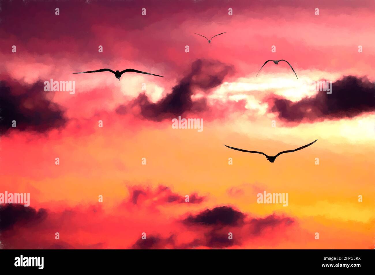 Un gregge di uccelli stanno volando nella nuvola vibrante Pieno Sunset Sky in un formato di pittura illustrativa Foto Stock