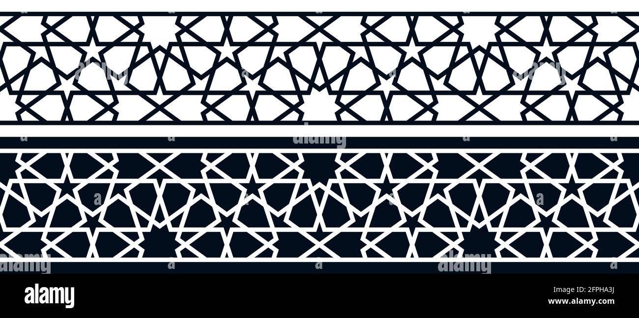 Set di motivi geometrici islamici orizzontali senza cuciture o biglietto di auguri decorativi o interni basati su una rosetta tradizionale a dieci colori. Illustrazione vettoriale Illustrazione Vettoriale