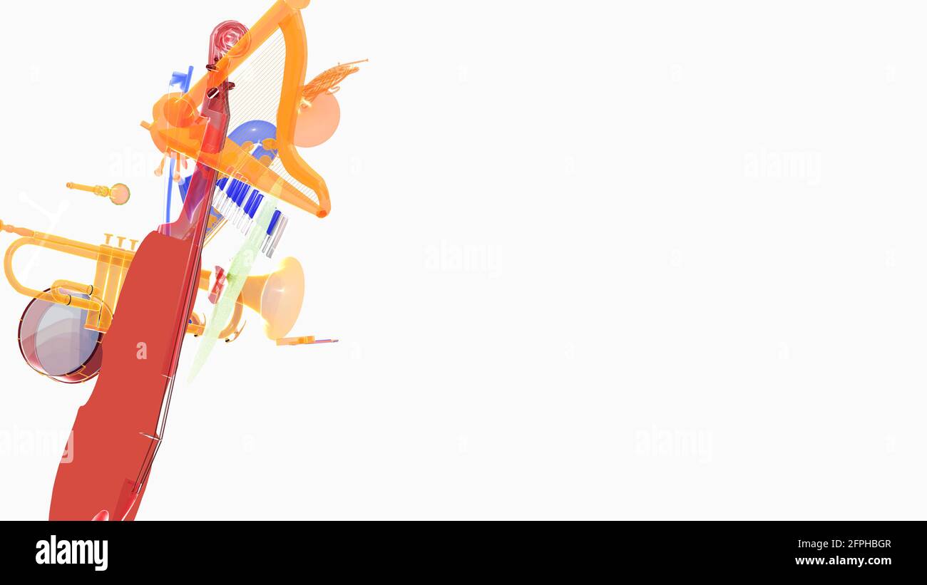 Illustrazione animazione 3d di vari strumenti musicali trasparenti con colori brillanti. Spostamento nello spazio su sfondo bianco. Foto Stock