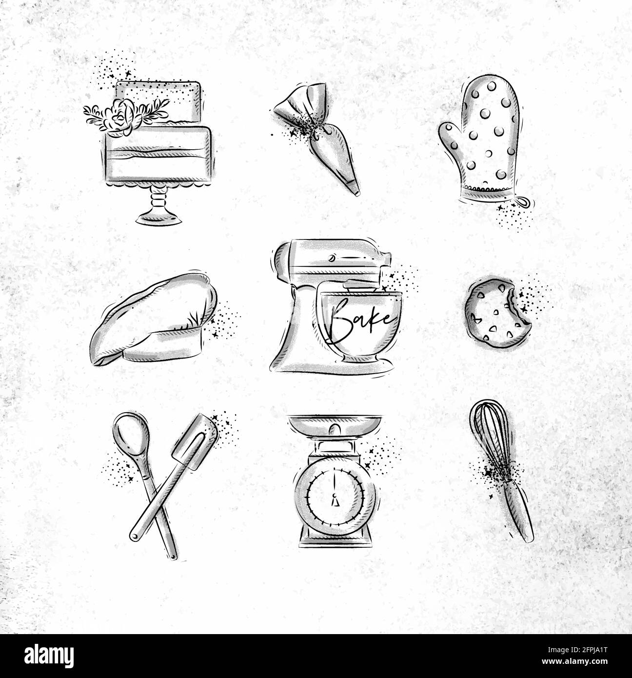 Set di icone da forno con sacchetto per pasticceria illustrato, torta, guanto, tappo da cucina, macchina per impastare, biscotti, attrezzature per pasticceria, bilance, frusta in stile di disegno a mano o Illustrazione Vettoriale