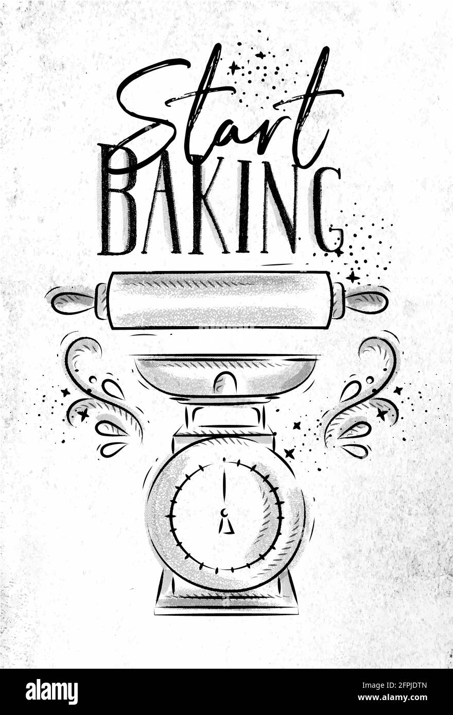 Poster con scritta attrezzatura per pasticceria illustrata iniziare a cuocere a mano disegnando stile su sfondo di carta sporco. Illustrazione Vettoriale