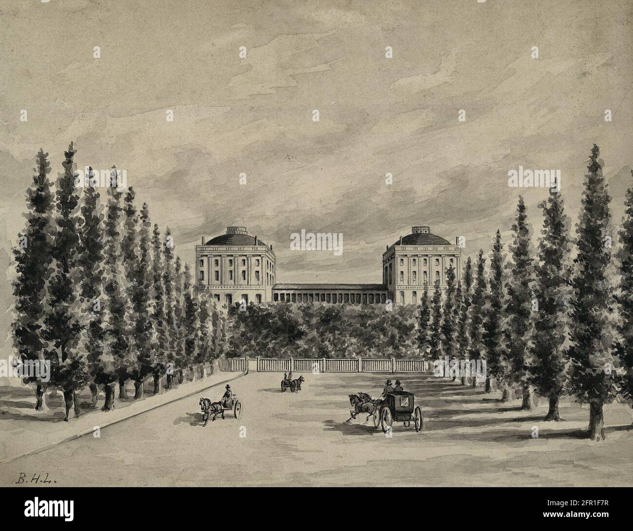 U.S. Capitol e Pennsylvania Avenue prima del 1814 - questo modesto disegno di una mano sconosciuta raffigura il fronte ovest di un Campidoglio incompleto degli Stati Uniti come apparve tra il 1811 e il suo incendio da parte dei britannici nell'agosto 1814. Viene mostrata una bassa struttura temporanea che collega le ali nord (Senato) e sud (Casa). Era conosciuta come la 'fornace' a causa delle alte temperature raggiunte nei mesi estivi. Per molti anni il disegno fu erroneamente attribuito a B. Henry Latrobe, l'architetto del Campidoglio tra il 1806 e il 1817 Foto Stock