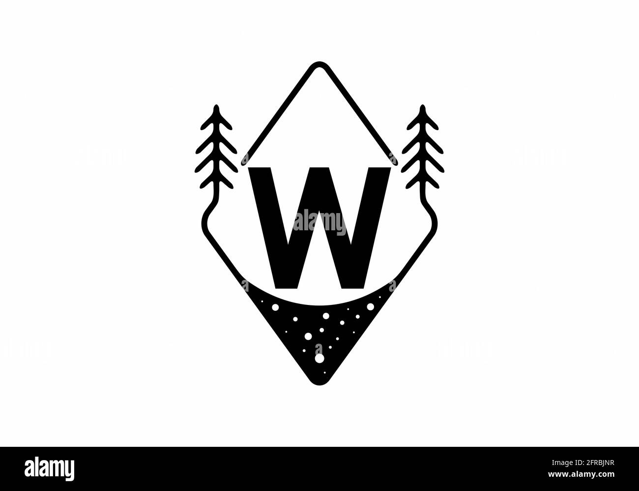 Badge arte linea nera con pinete e lettera W. design Illustrazione Vettoriale