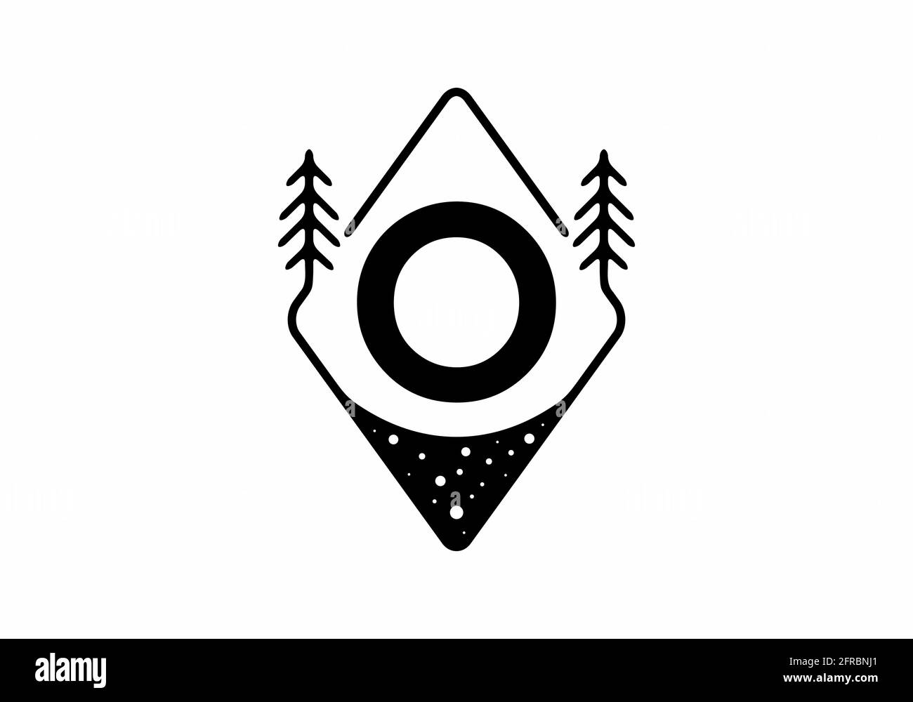 Badge arte linea nera con alberi di pino e lettera O. design Illustrazione Vettoriale