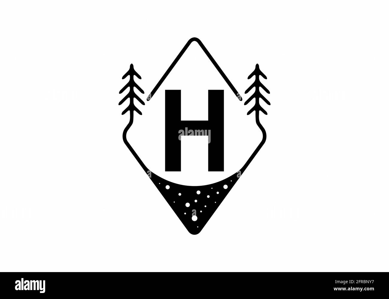 Badge arte linea nera con pini e lettera H. design Illustrazione Vettoriale