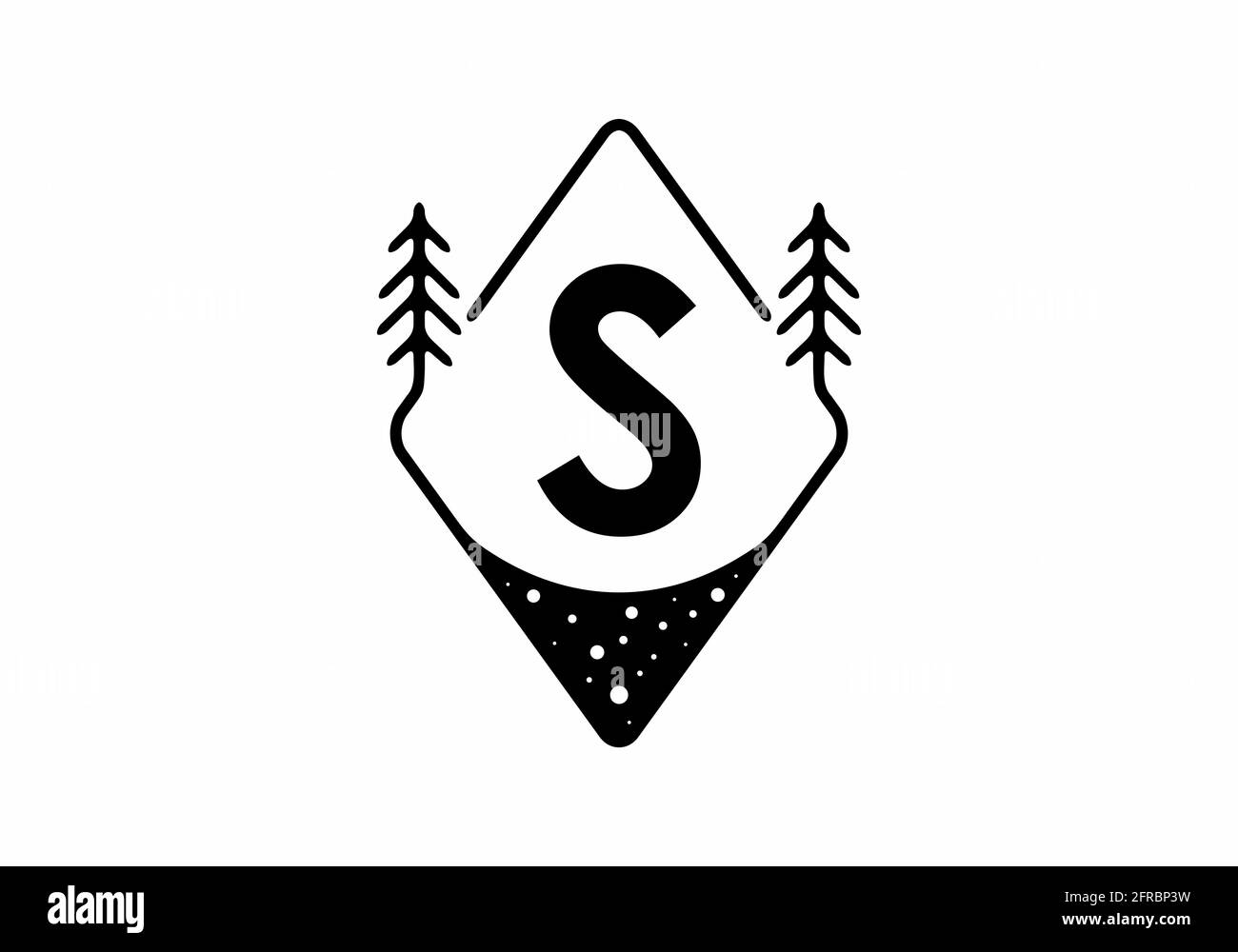 Badge Black line art con pinete e lettera S. design Illustrazione Vettoriale