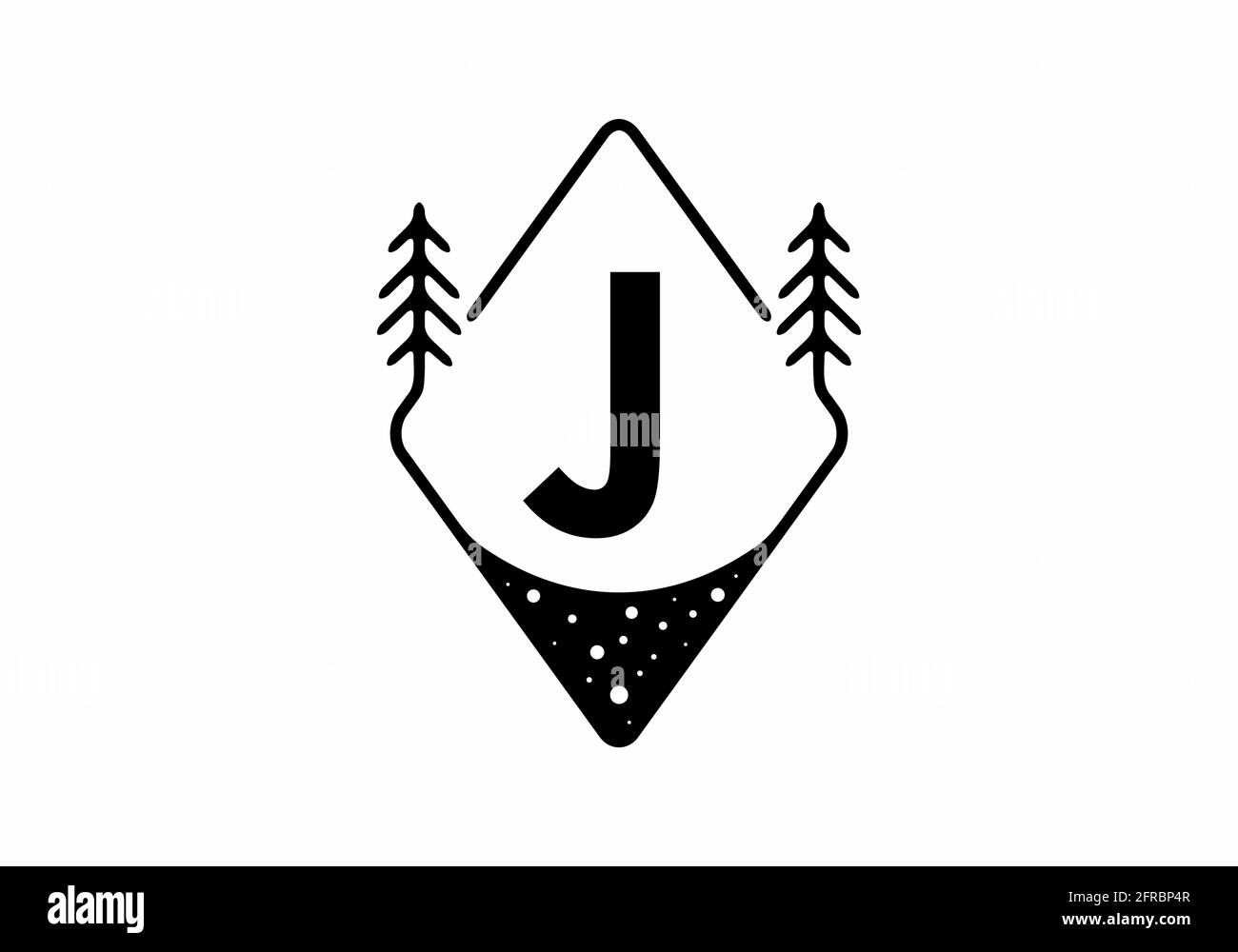 Badge Black line art con pini e lettera J. design Illustrazione Vettoriale