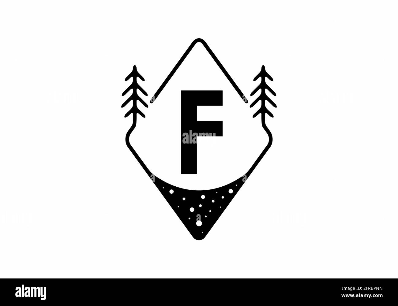 Badge Black line art con pinete e lettera F. design Illustrazione Vettoriale