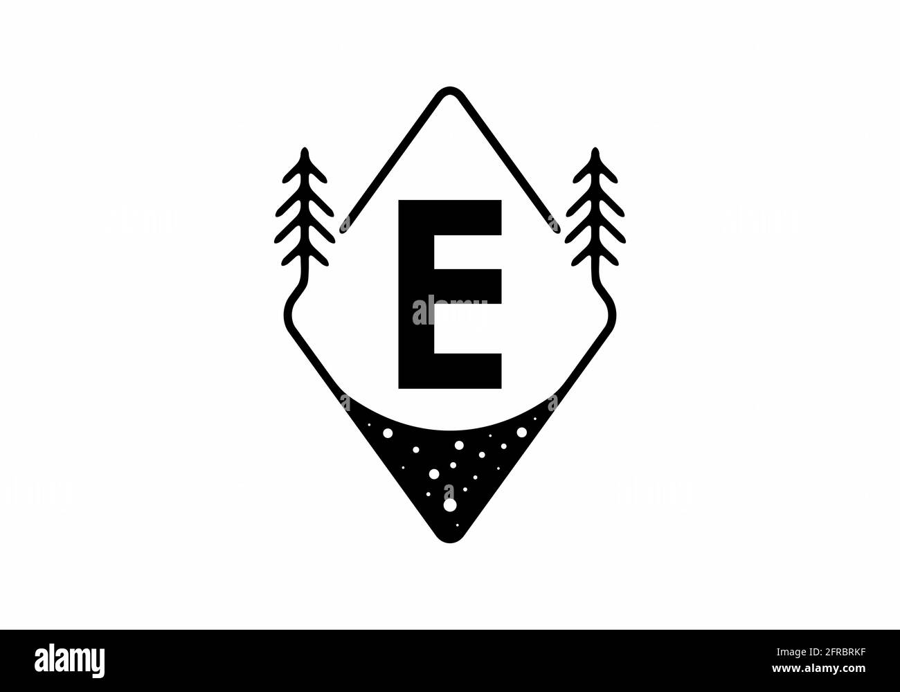 Badge nero con pinete e lettera E. design Illustrazione Vettoriale