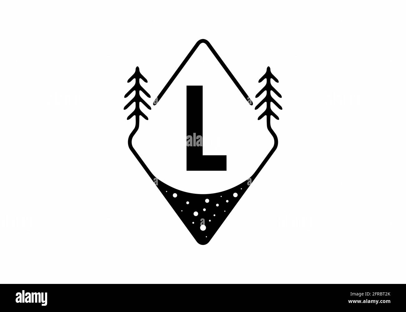 Badge Black line art con pinete e lettera L. design Illustrazione Vettoriale