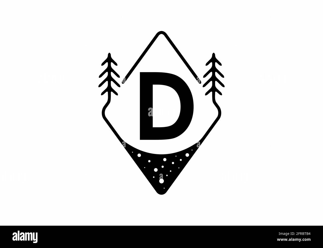 Badge arte linea nera con pinete e lettera D. design Illustrazione Vettoriale