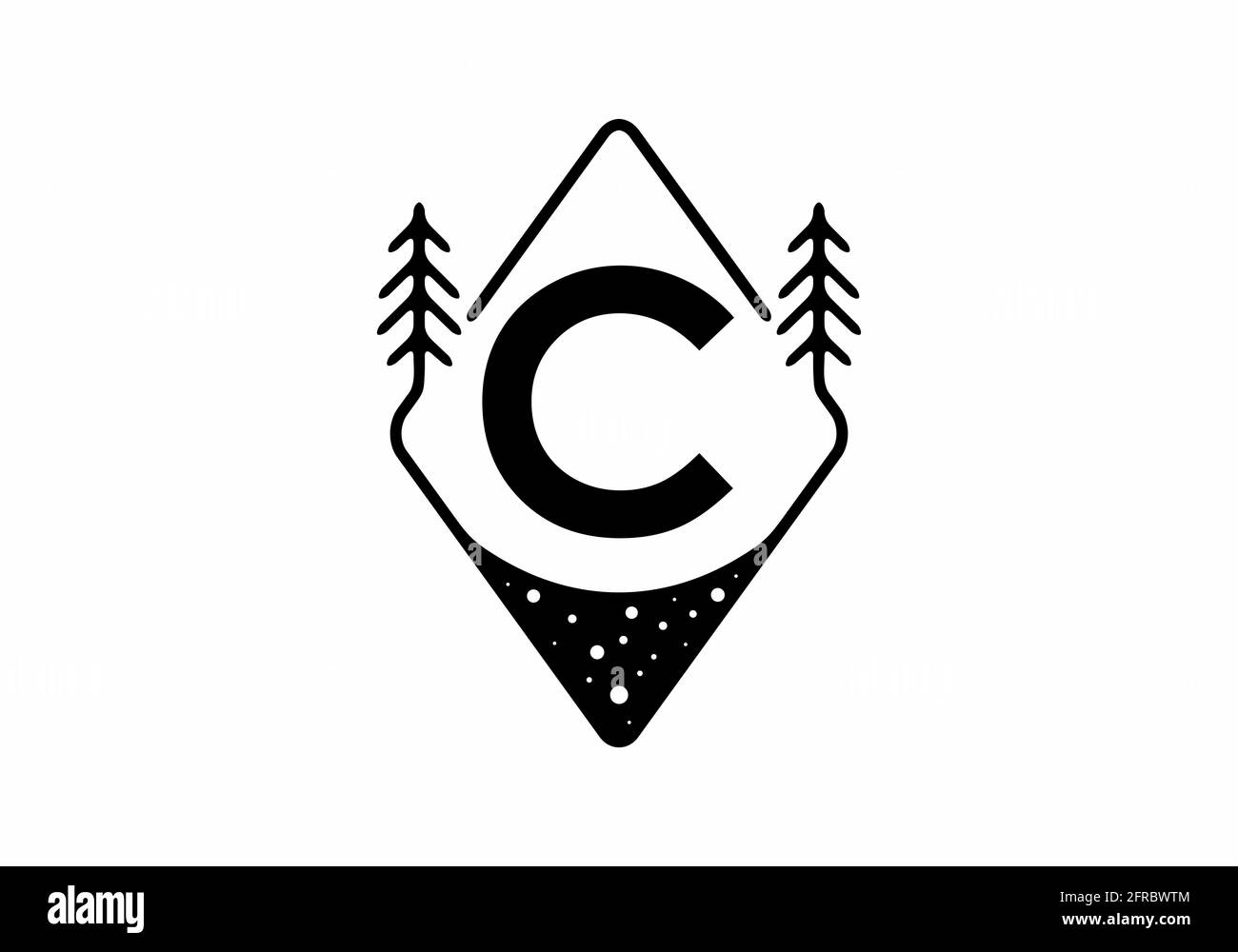 Badge arte linea nera con alberi di pino e lettera C. design Illustrazione Vettoriale
