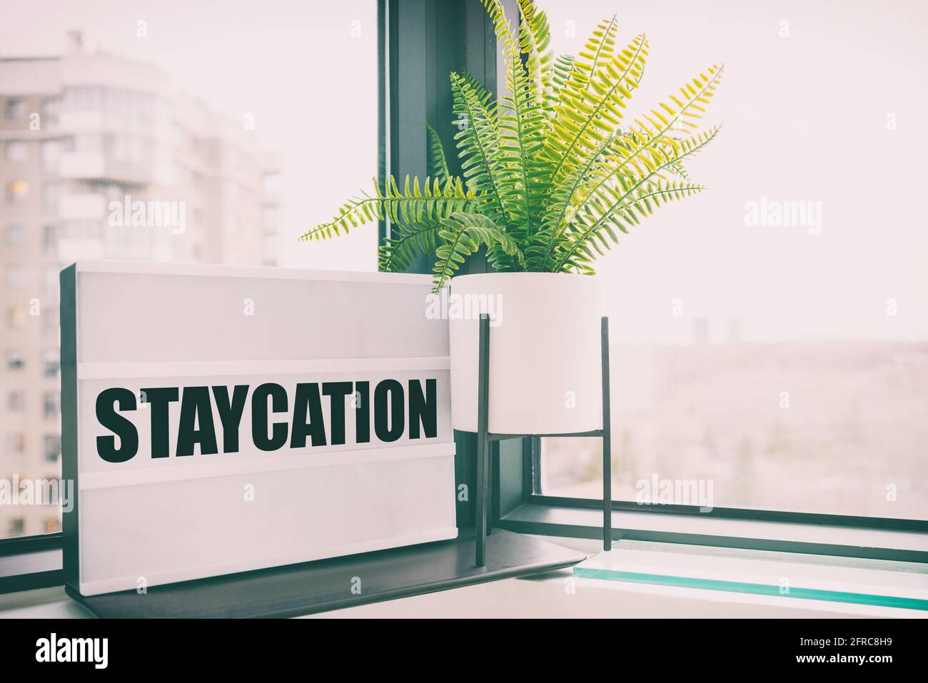 Scatola luminosa della bacheca di staycation alla finestra della casa per le vacanze estive del coronavirus. Nessun viaggio a causa della pandemia Foto Stock