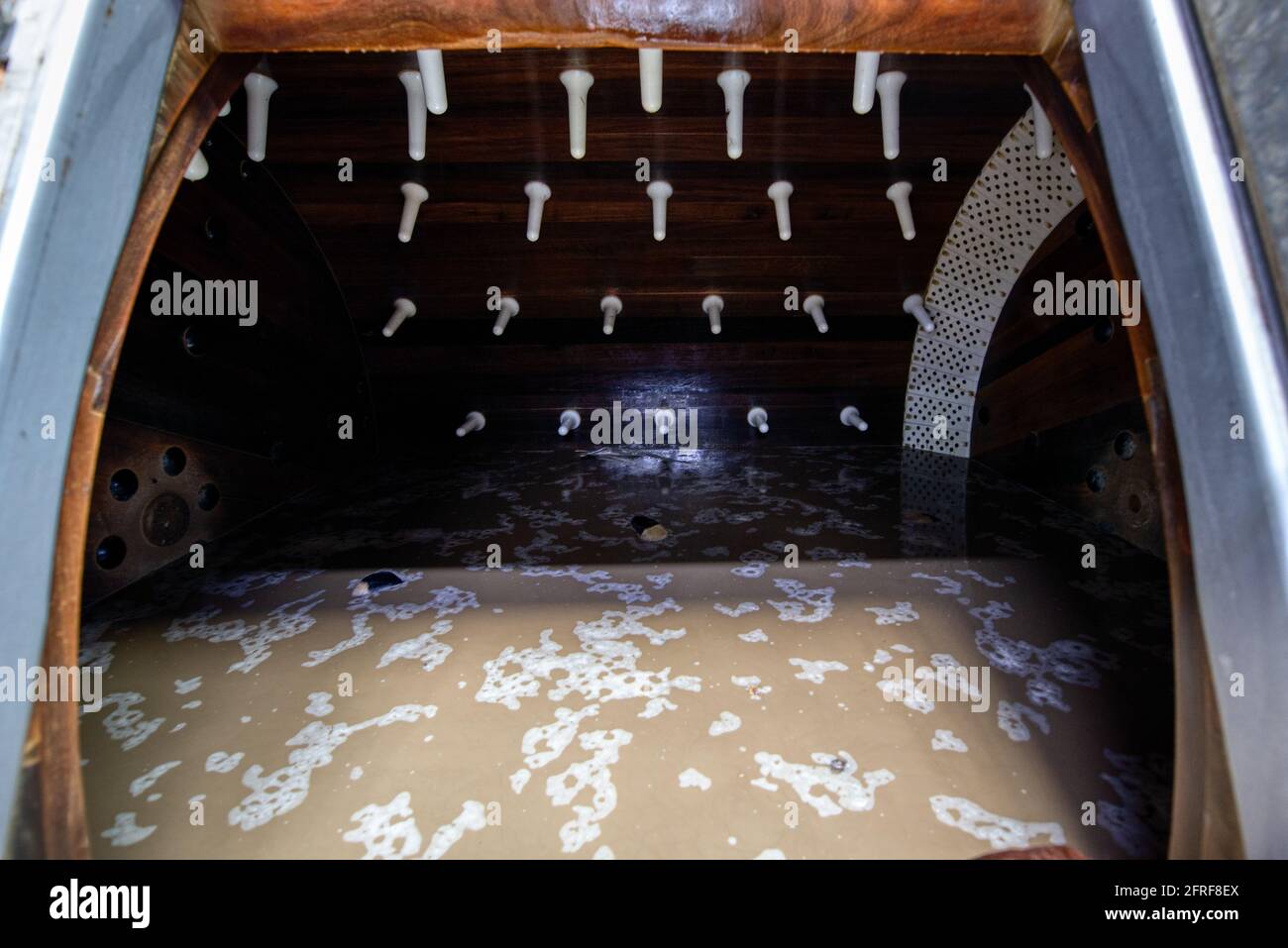 Conceria. Grandi fusti di legno per l'abbronzatura della pelle di bovini. Superficie interna della camera. Foto Stock