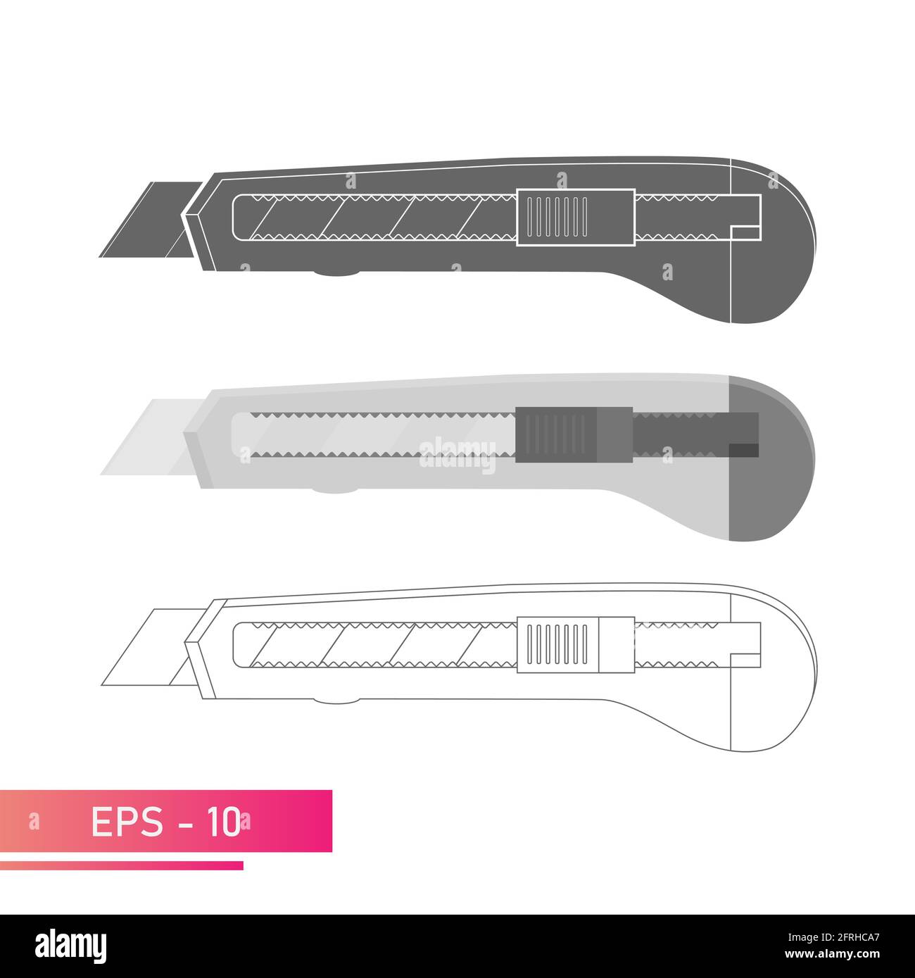 Set, coltello per lavori edili. Design lineare, solido e realistico. Su sfondo bianco. Strumenti per i lavoratori. Illustrazione vettoriale piatta. Illustrazione Vettoriale