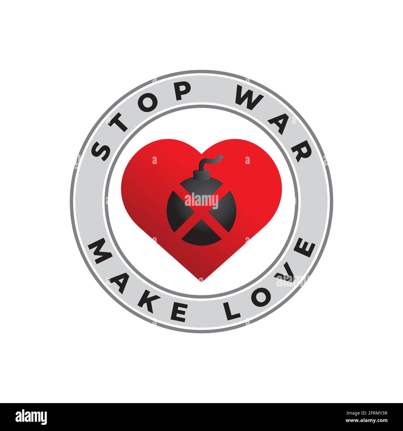 Stop War rende l'illustrazione vettoriale Love isolata su sfondo bianco con Black Boom Ball e Red Heart Shape. Illustrazione Vettoriale