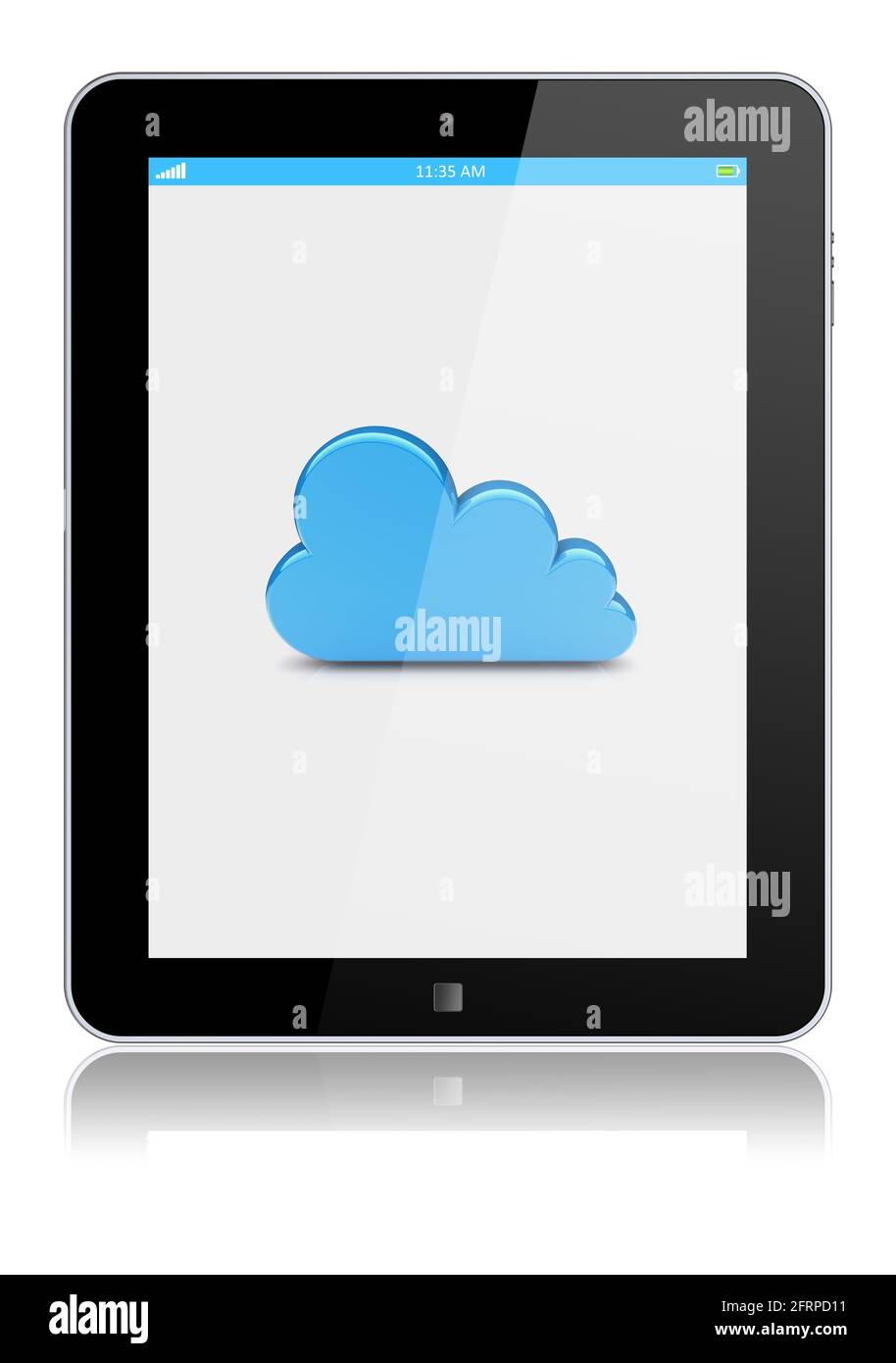 Tablet PC con il simbolo del cloud computing su uno schermo. Isolato su un bianco. immagine 3d Foto Stock