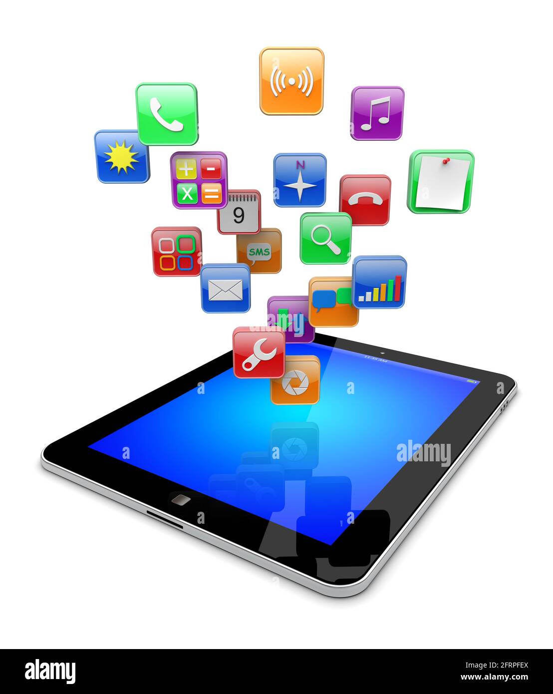 Computer Tablet pc con icone delle applicazioni software . Concetto di tecnologia multimediale. immagine 3d Foto Stock