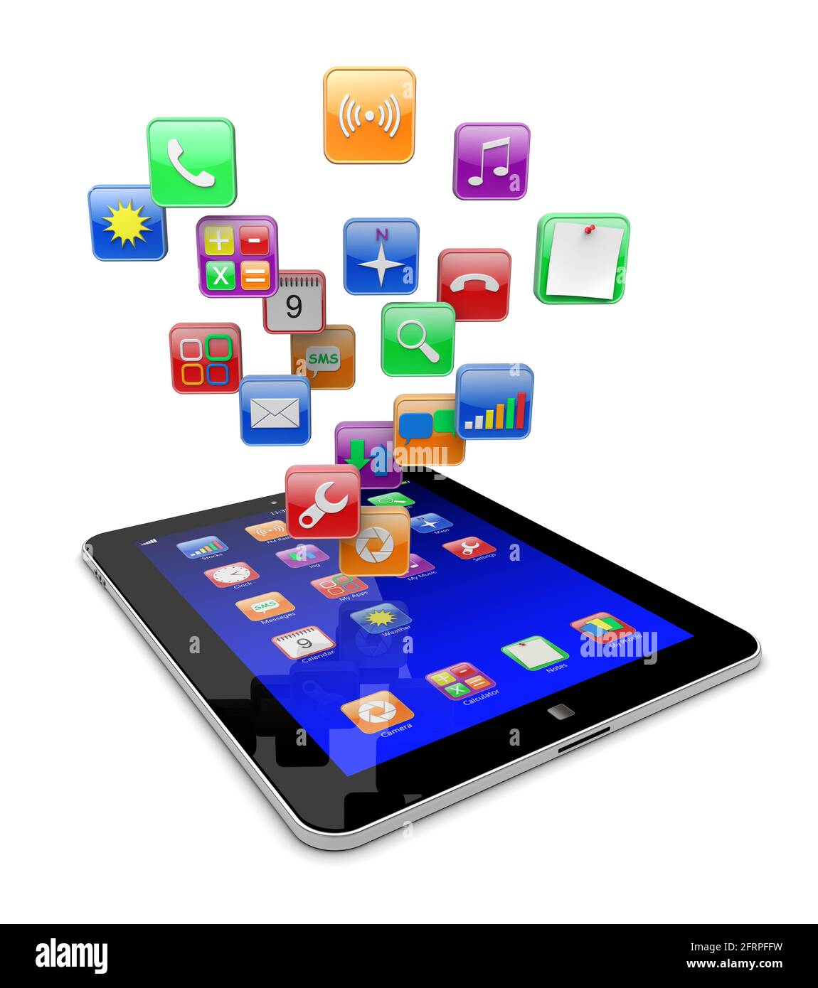 Computer Tablet pc con icone delle applicazioni software . Concetto di tecnologia multimediale. immagine 3d Foto Stock