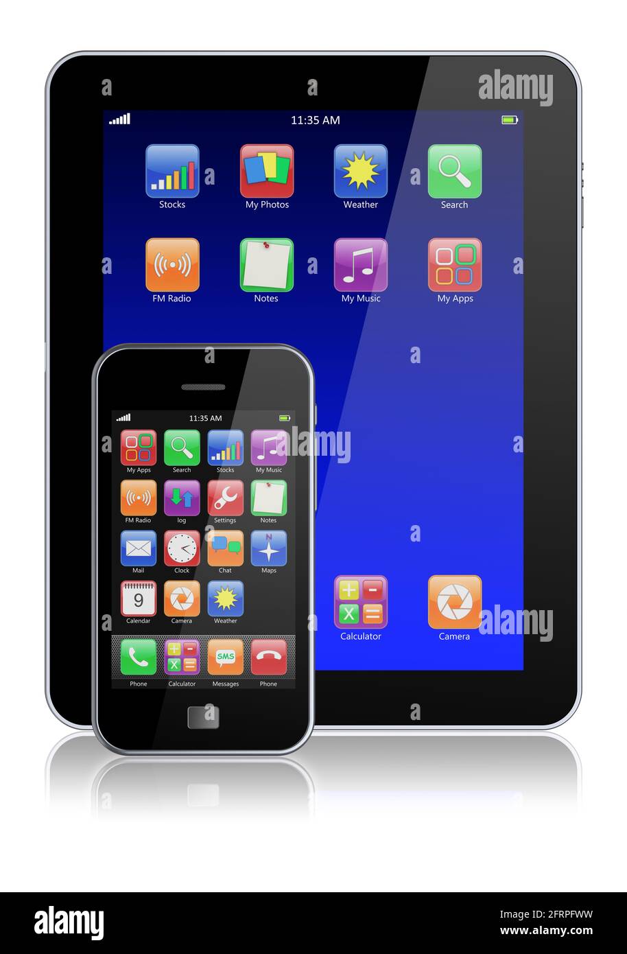 Smartphone mobile e tablet PC con touchscreen e app colorate . Isolato su un bianco. immagine 3d Foto Stock