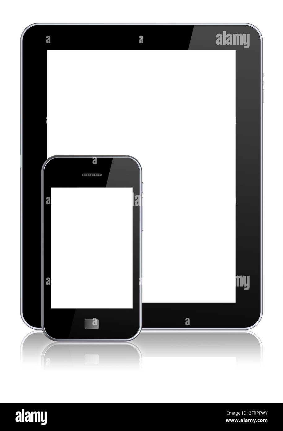 Telefono cellulare e tablet PC con schermo vuoto. Isolato su un bianco. immagine 3d Foto Stock