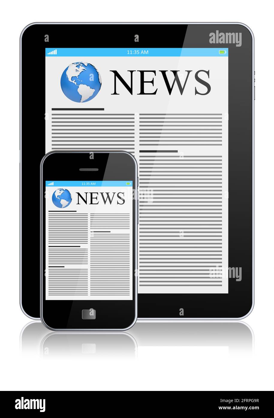 Tablet PC e telefono cellulare con notizie su schermo. Concetto di tecnologia. immagine 3d Foto Stock