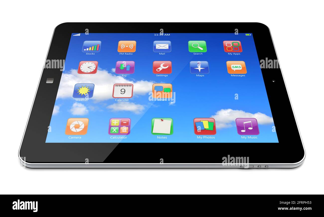 Tablet PC con sfondo blu sullo schermo e app colorate. immagine 3d Foto Stock