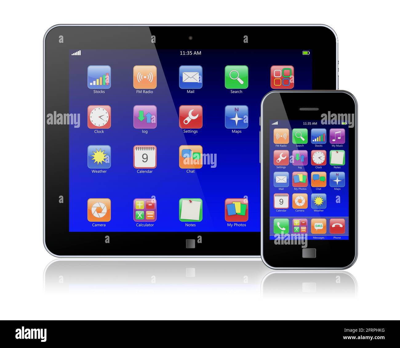 Tablet PC e telefono cellulare con touchscreen blu e applicazioni colorate . Isolato su un bianco. immagine 3d Foto Stock