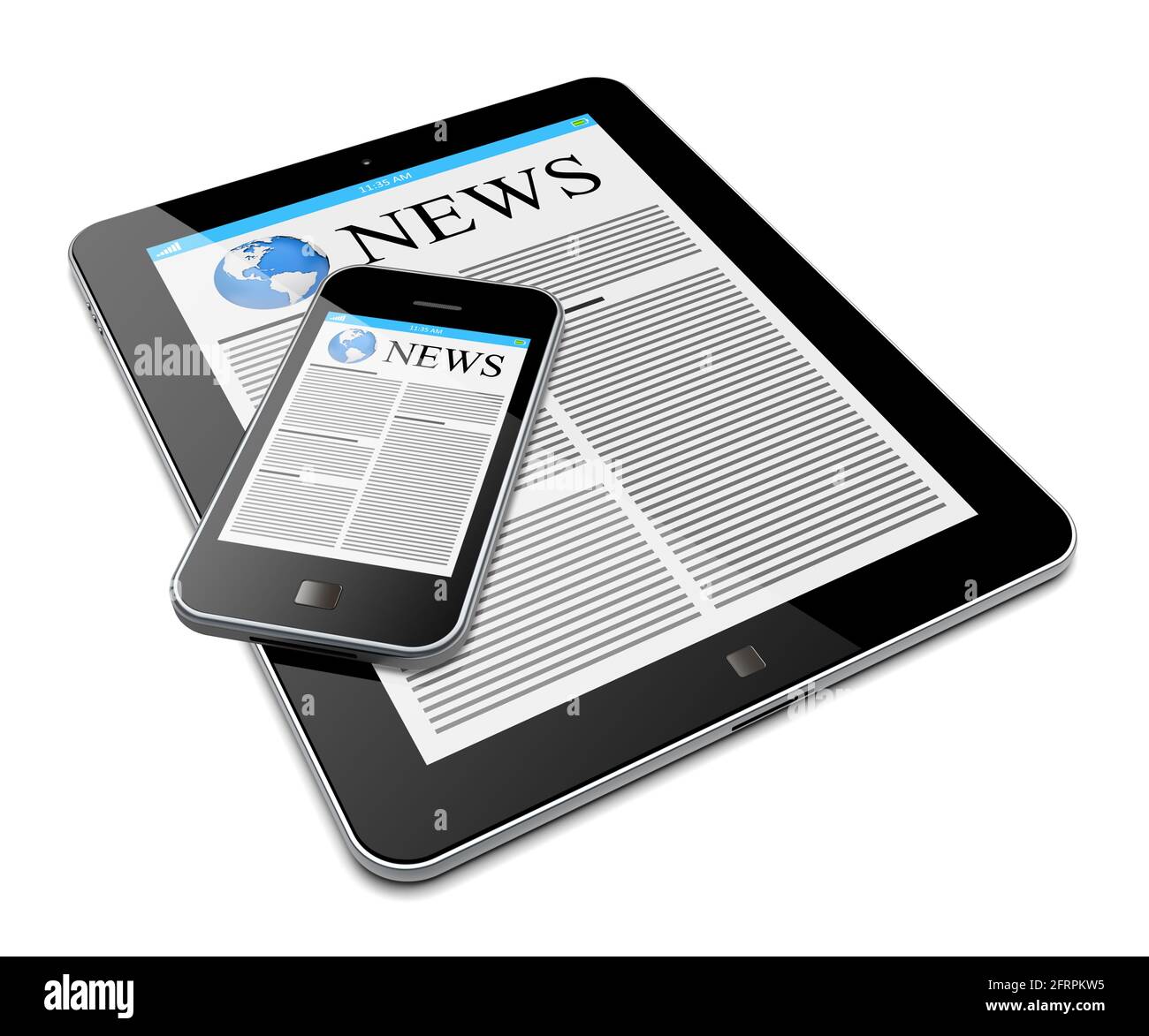 Tablet PC e smartphone mobile con notizie su schermo. Isolato su un bianco. immagine 3d Foto Stock