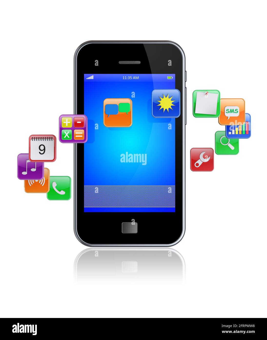 Smartphone mobile con icone delle applicazioni software intorno a . immagine 3d Foto Stock