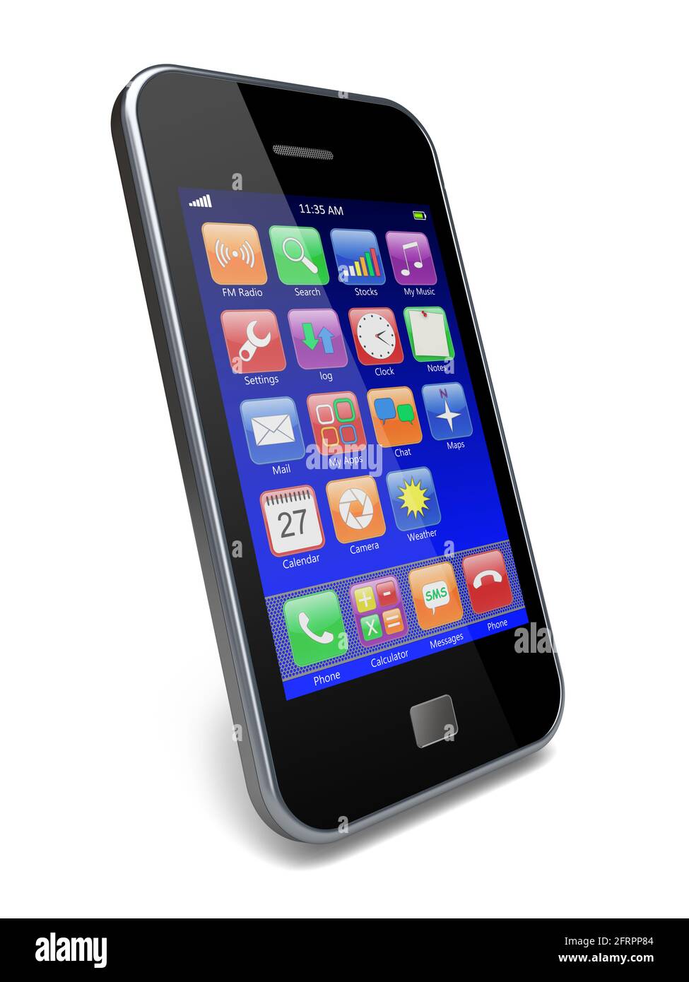 Telefono cellulare con touchscreen blu e applicazioni colorate . immagine 3d Foto Stock