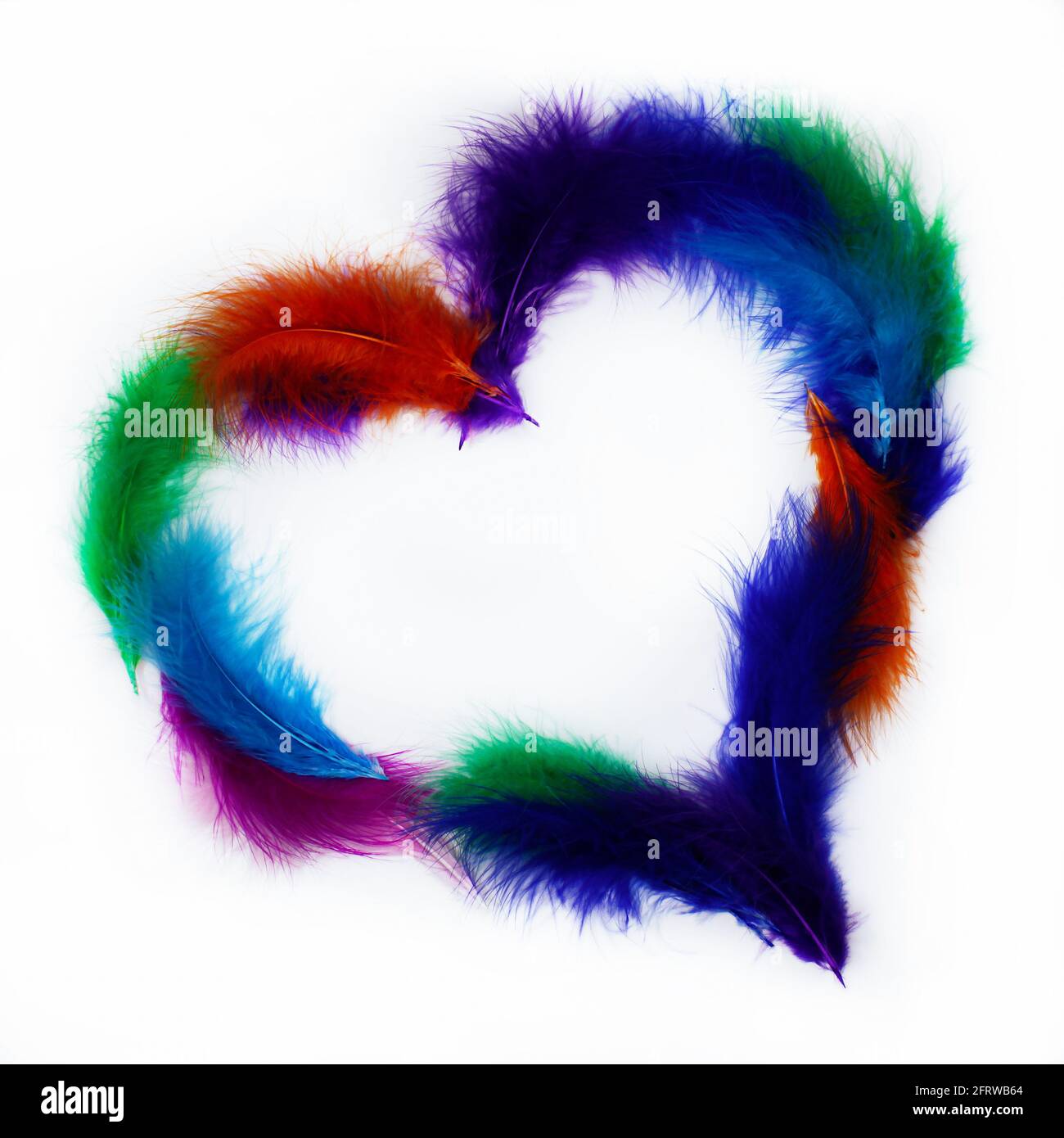 cuore di san valentino molto colorato e soffice creato per amore e armonia dalle piume colorate degli uccelli Foto Stock
