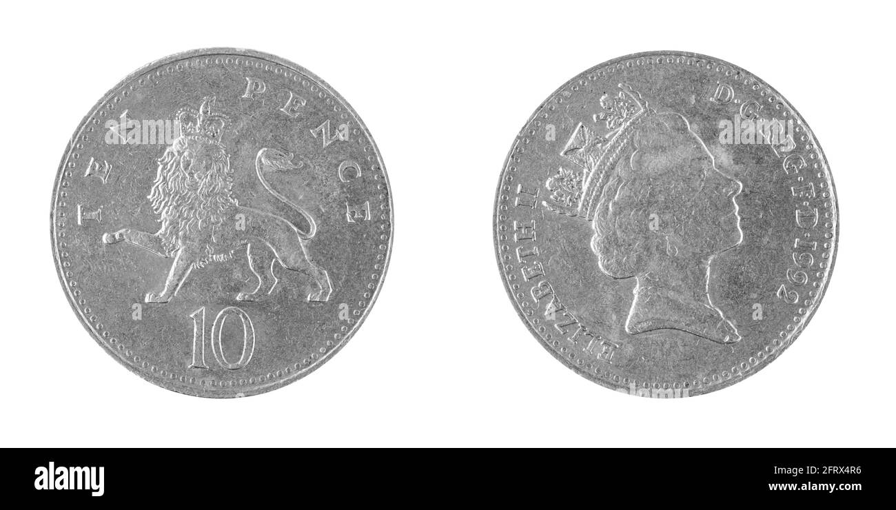 Dieci monete da 10 penny di pence isolate su sfondo bianco, 1992, Gran Bretagna Foto Stock