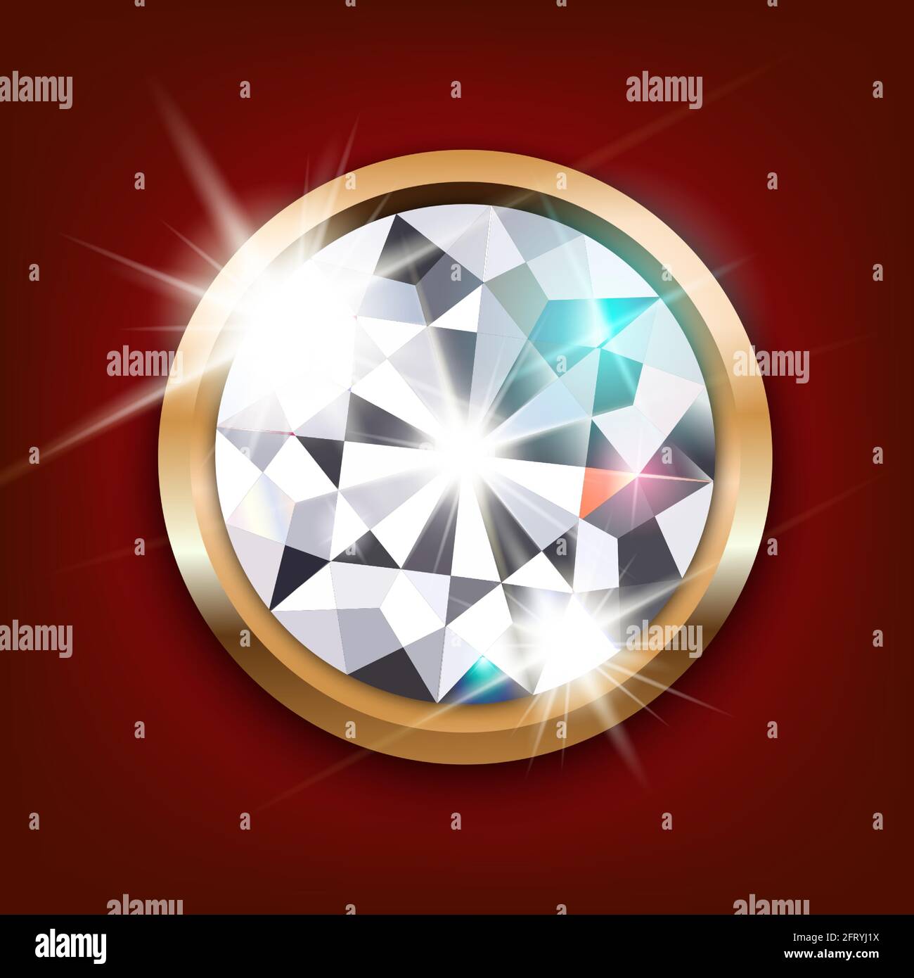 Pietra drazocene rotonda, diamante in oro. Su sfondo rosso. illustrazione vettoriale 3d realistica. Illustrazione Vettoriale